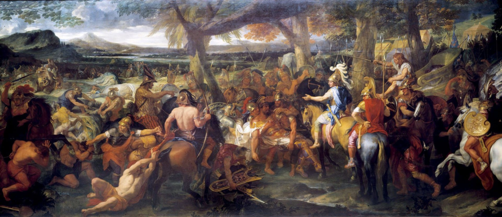 A painting by Charles Le Brun depicting Alexander and Hephaestion (in red cloak), facing Porus, during the Battle of the Hydaspes.